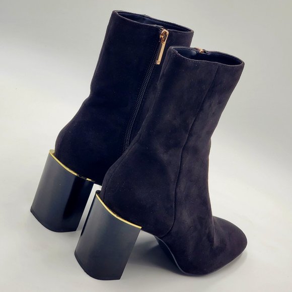 Zara Velvet Booties Gold Trimmed Block Heels - Picture 1 of 16